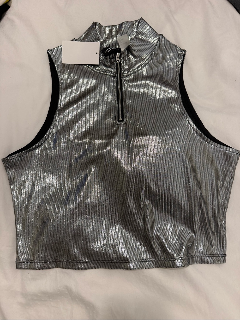 H&M Metallic Silver Sleeveless Zip Mock Neck Crop Top